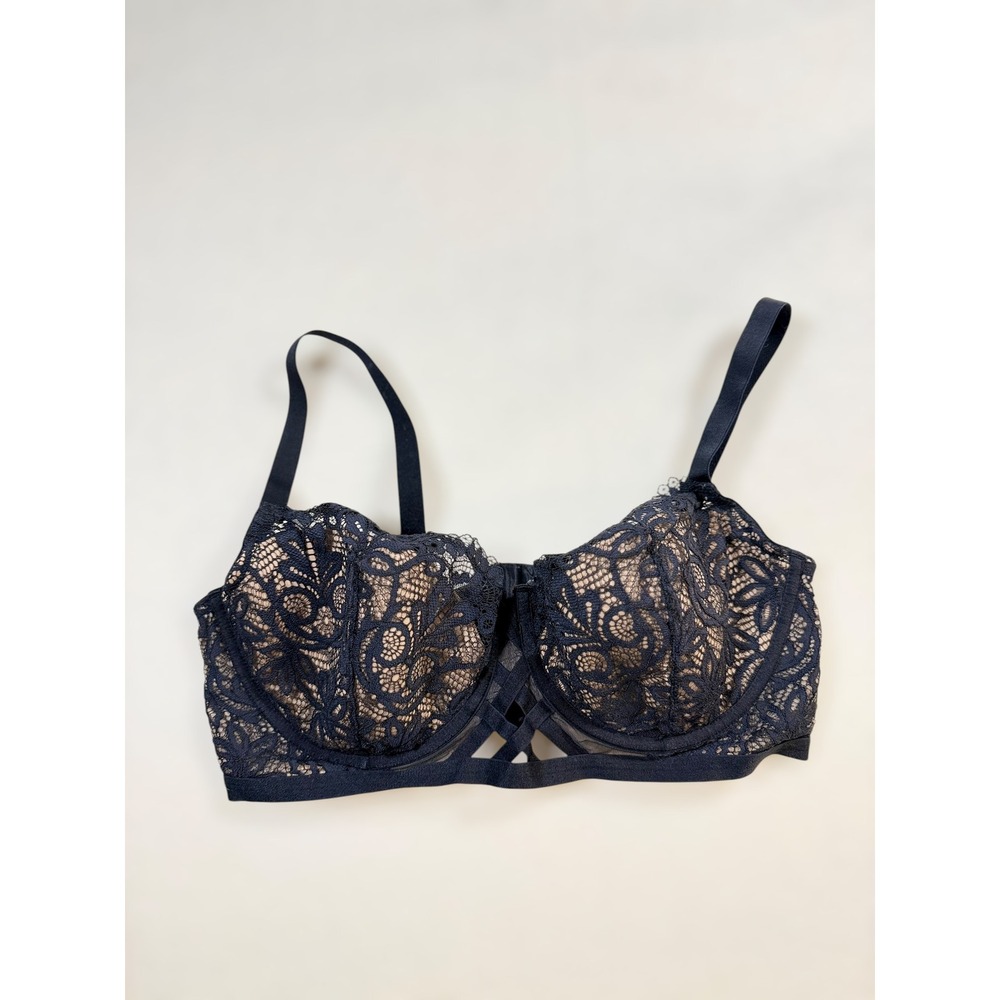 Adore Me Black Lace Strappy Cage Underwire Bra Nude‎ Contrast 40D